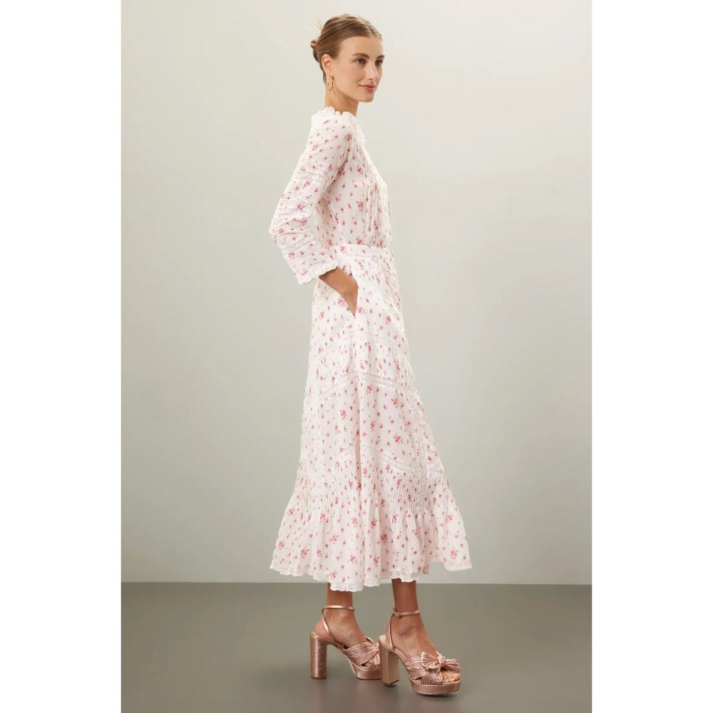 LoveShackFancy Tansu Midi Dress Lace Trim Cotton Button Front Pink Floral Size 6 - Picture 2 of 7